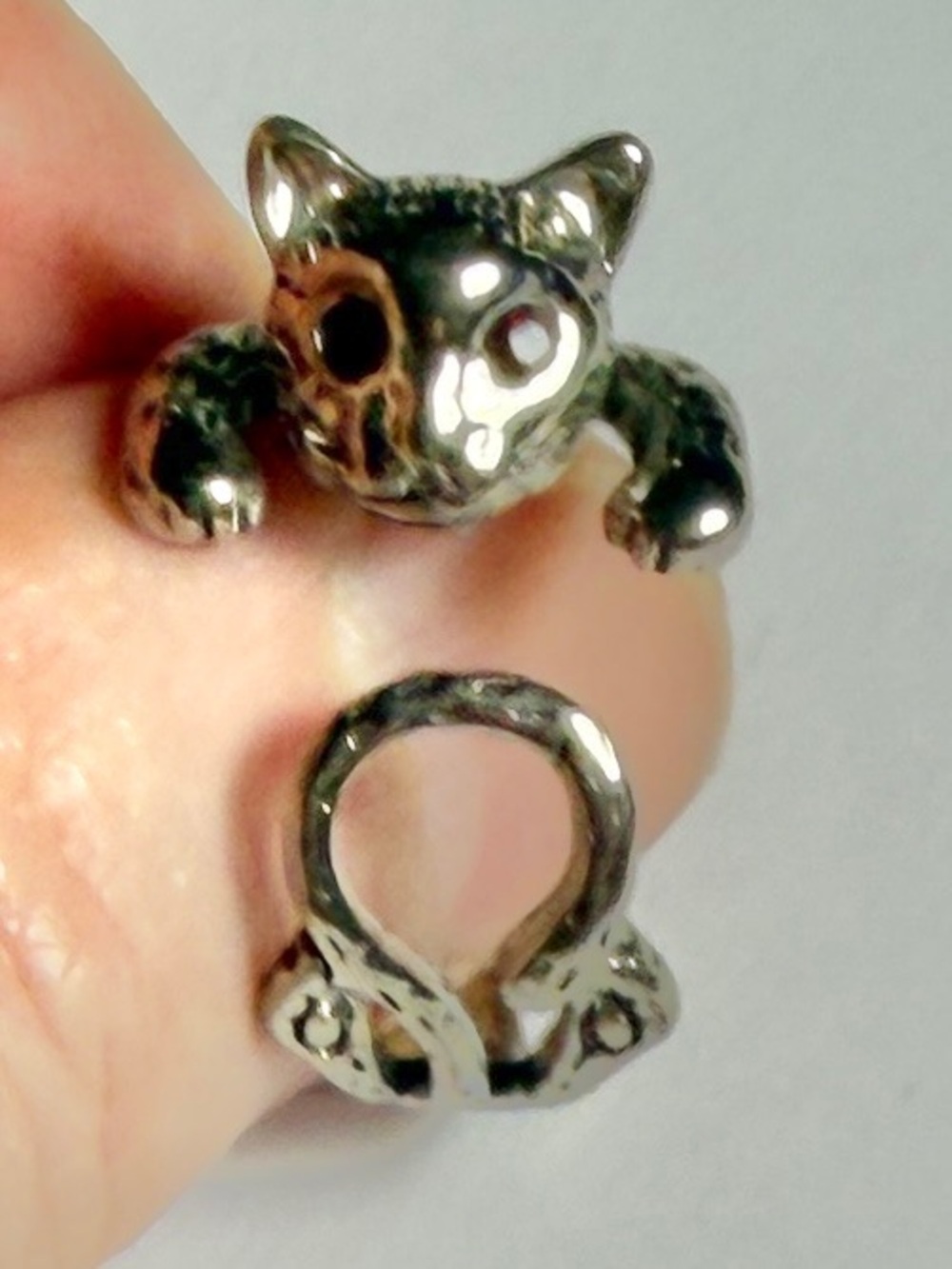 Silver Cat Wrap Ring Red Rhinestone Crystal Eyes Adjustable Animal Open Band - Picture 2 of 5